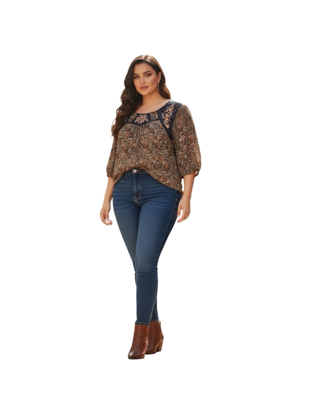 Brown Plus Size Floral Peasant Top with Navy Lace Yoke - Women's 2X